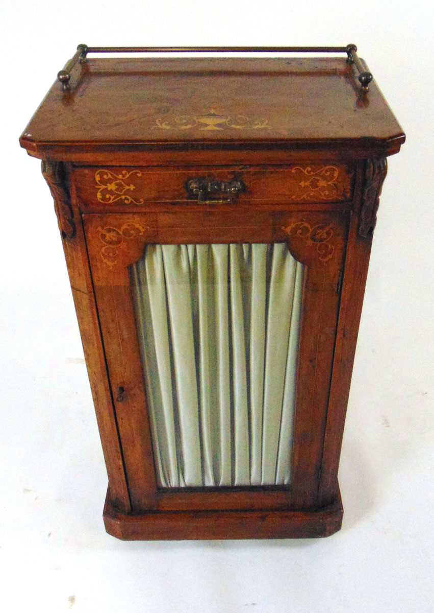 A Victorian inlaid walnut music cabinet, with brass rod gallery, above a single drawer and glazed - Image 2 of 3