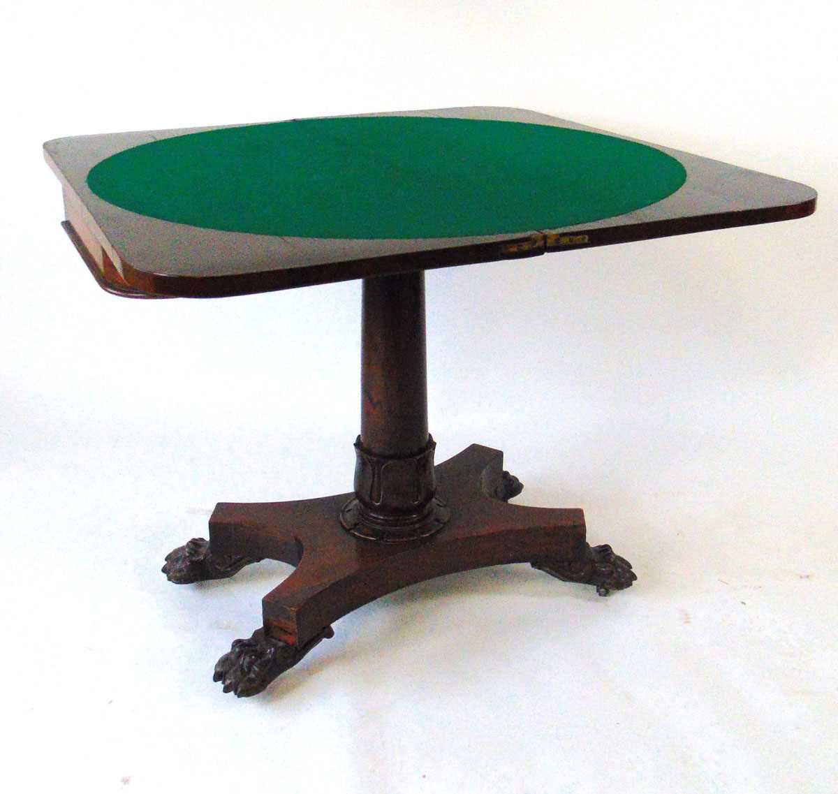 An early 19th century rosewood card table, with turn over top, on a plain column with tongue - Image 6 of 6