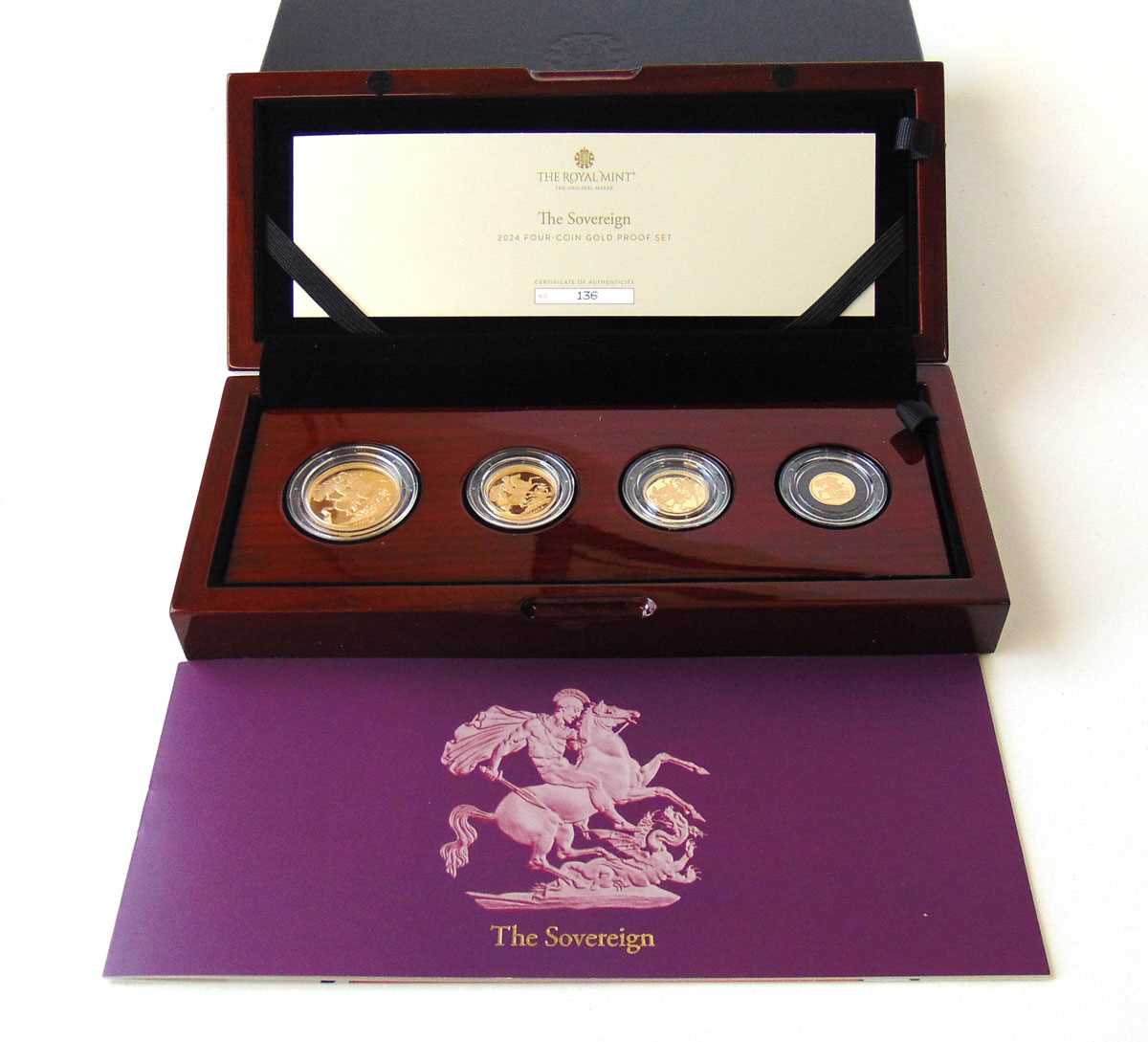 A 2024 Royal Mint The Sovereign Four-Coin Gold Proof Set. The set containing double, full, half