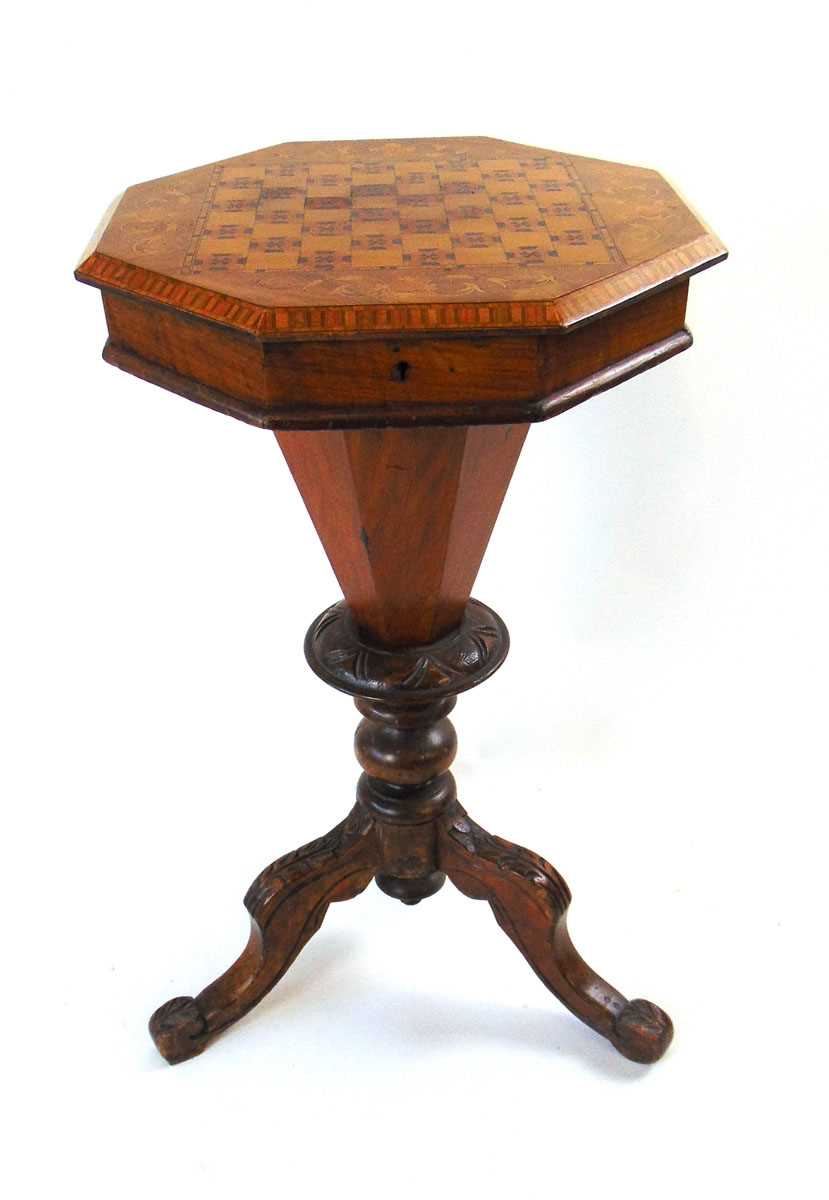 A Victorian trumpet form walnut veneered and inlaid sewing table, the octagonal top with checker - Image 2 of 4