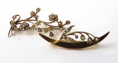 A yellow metal and seed pearl splay brooch marked '9ct' together with one similar 9ct gold