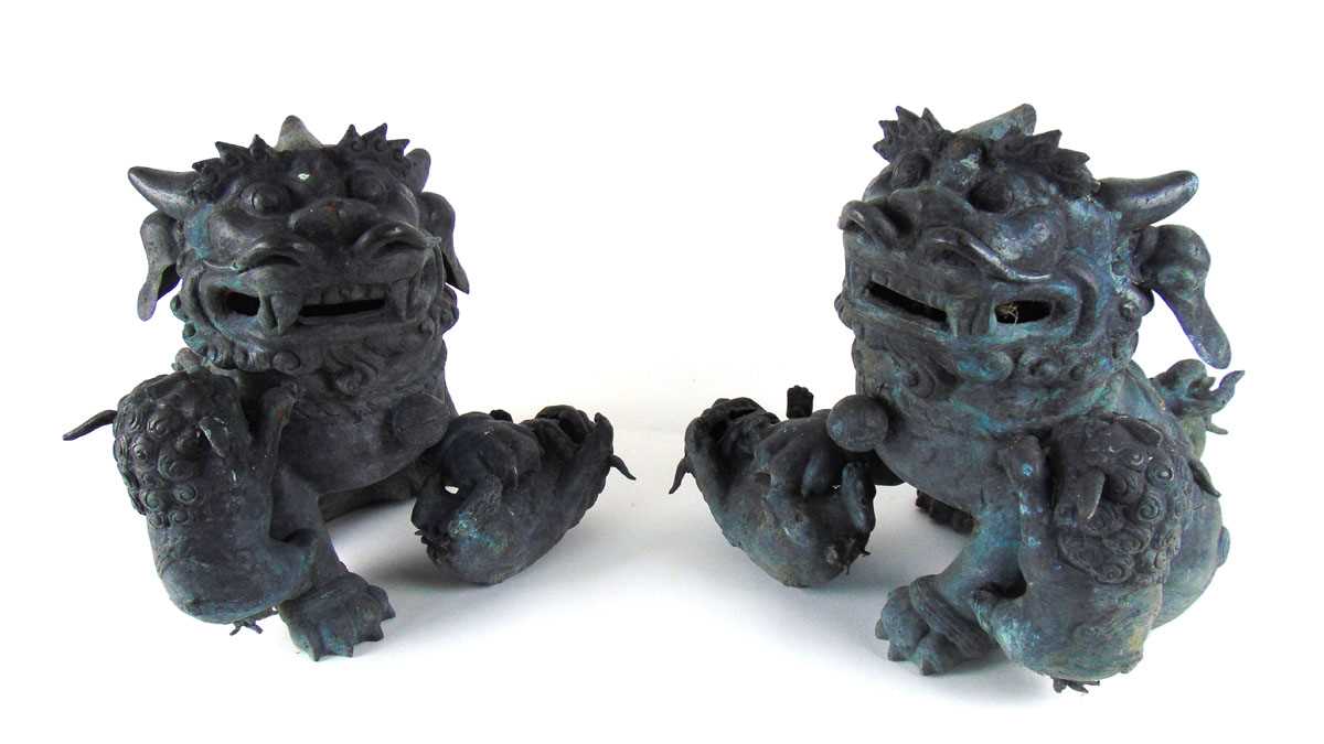 A pair of Chinese bronze Dogs of Fo with pups, early 20th century, a playful pup either under a - Image 2 of 2