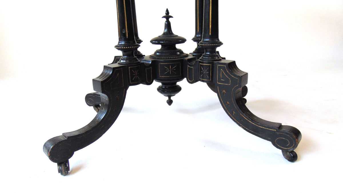 An Aesthetic period ebony and amboyna veneered card table, the top with shallow carved bellflower - Image 7 of 7