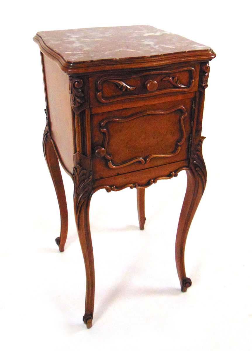 An early 20th century French oak and chestnut pot cupboard, with inset rouge marble top, above a - Image 4 of 8