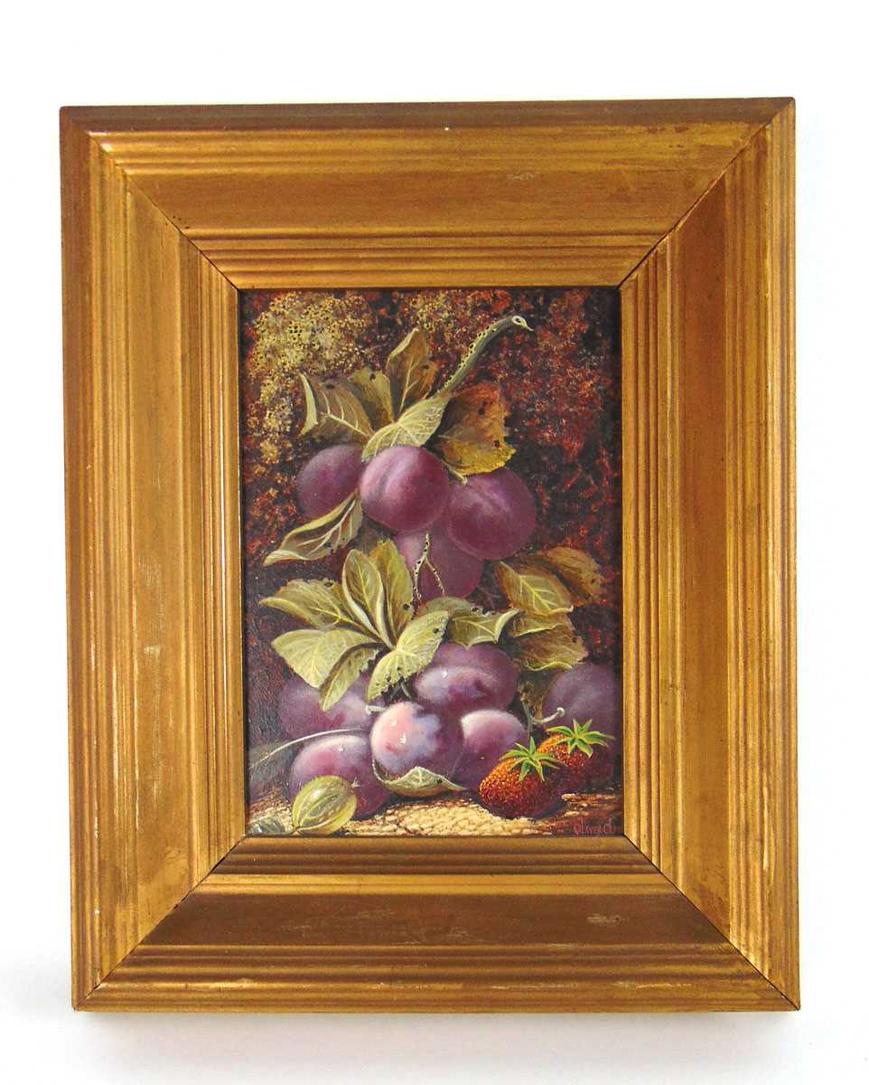 Oliver Clare (1853 - 1927), still life, plums, gooseberry and strawberries, signed, oil on board,