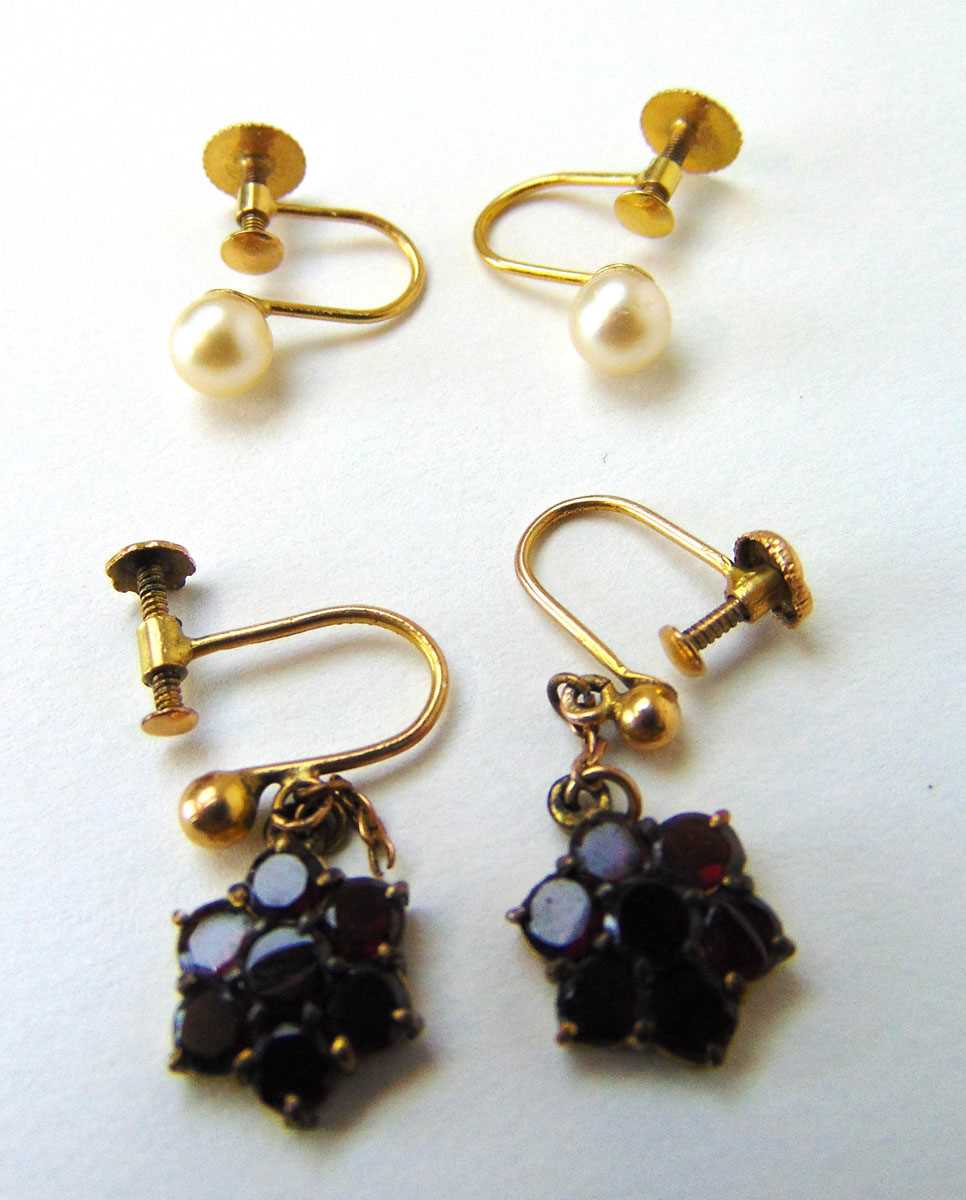 A pair of early 20th century, yellow metal and garnet drop earrings together with a pair of yellow - Image 2 of 2