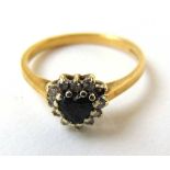 A 9ct gold, heart shaped sapphire and diamond cluster ring. Size N 1/2. Approx. weight 2g. A/F