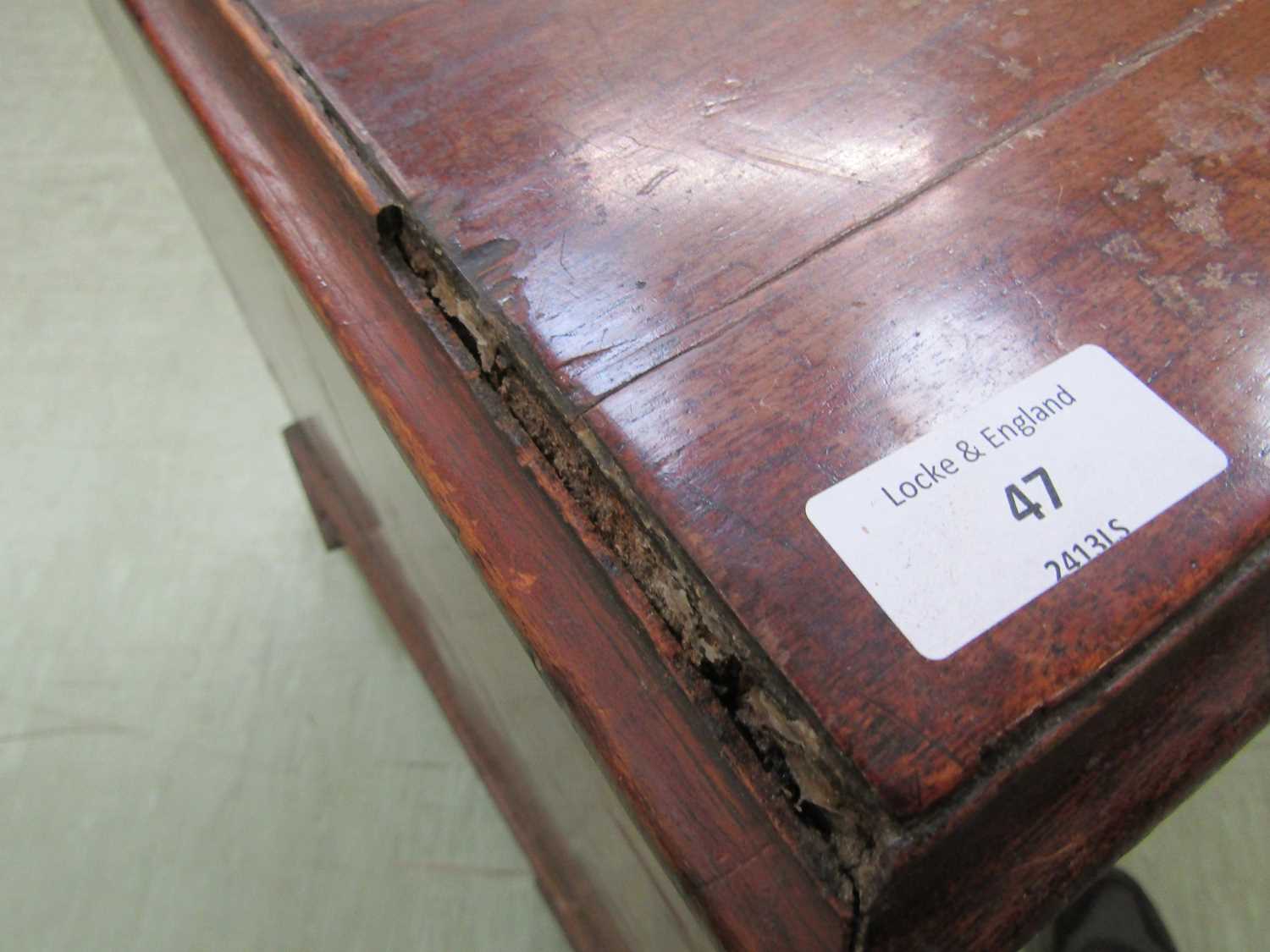 A George III mahogany desk, the top with applied moulded edge, above a long drawer fitted with a - Image 6 of 17