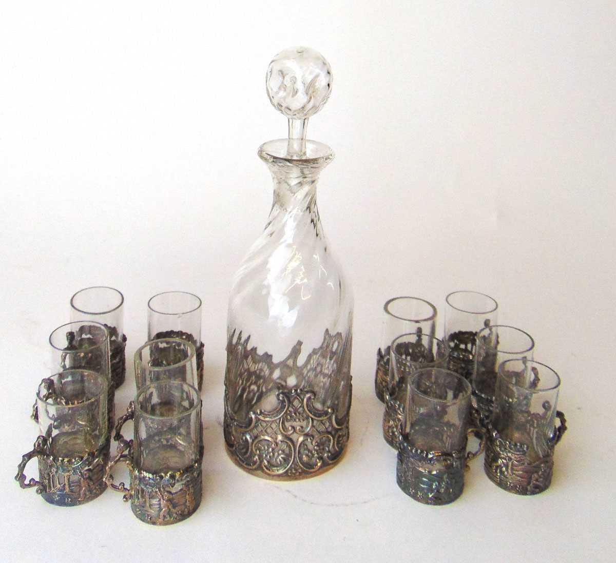 A late Victorian silver mounted liqueur set, the decanter with wythen body, the plain glasses with - Image 3 of 7