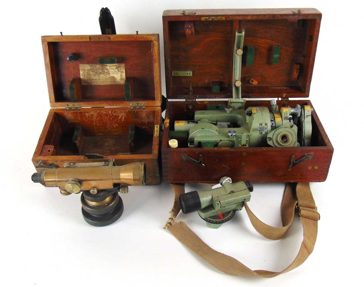 A Cooke V22 Mine surveyors theodolite by Vickers Instruments Ltd, in fitted wood box; a Cooke