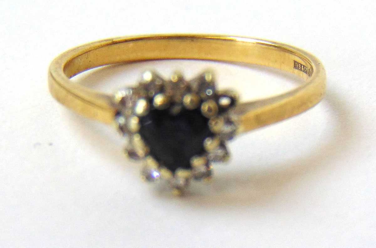 A 9ct gold, heart shaped sapphire and diamond cluster ring. Size N 1/2. Approx. weight 2g. A/F - Image 2 of 3