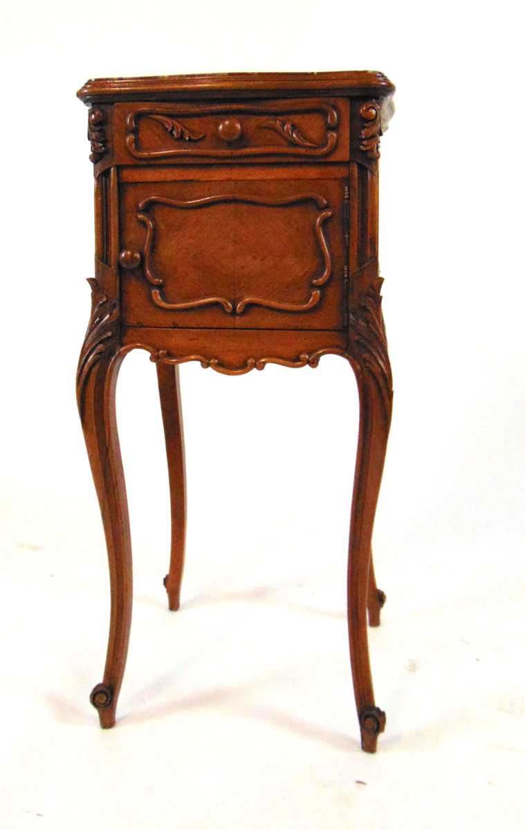 An early 20th century French oak and chestnut pot cupboard, with inset rouge marble top, above a - Image 3 of 8