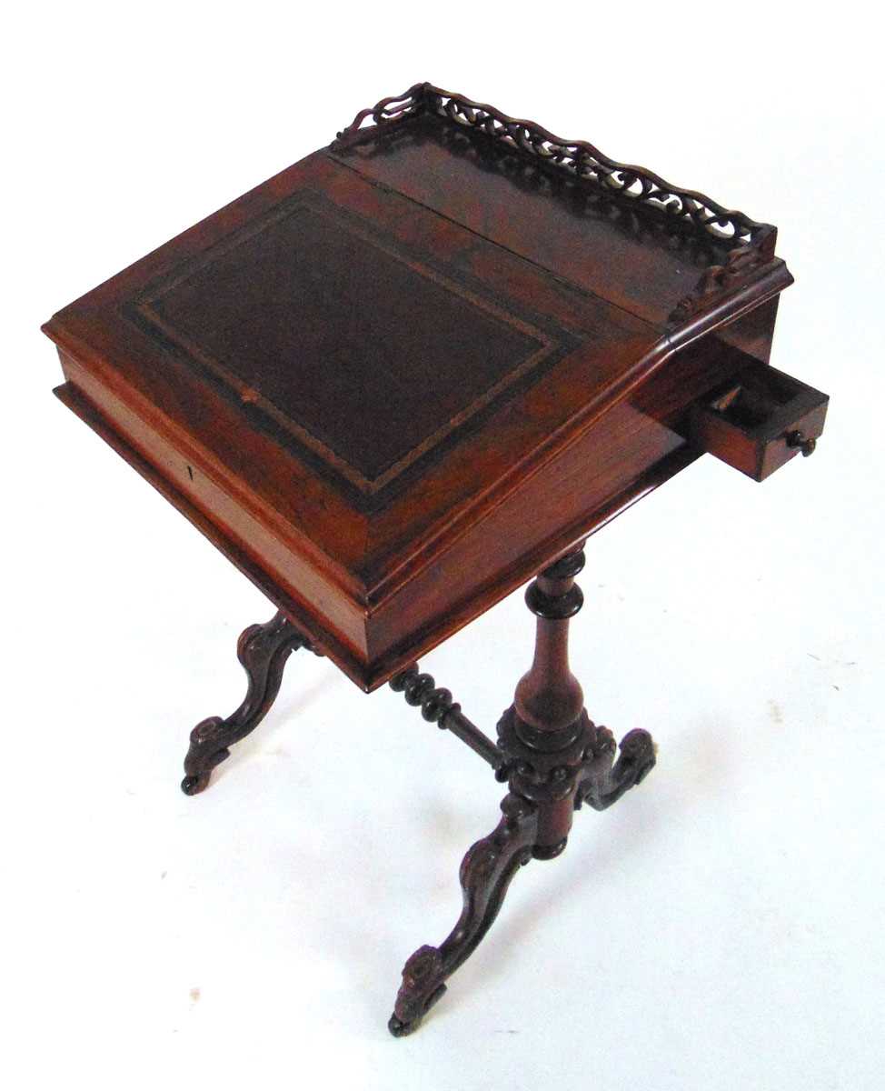 A Victorian rosewood Davenport, with fretwork gallery above a tooled red leather writing surface, - Image 6 of 7