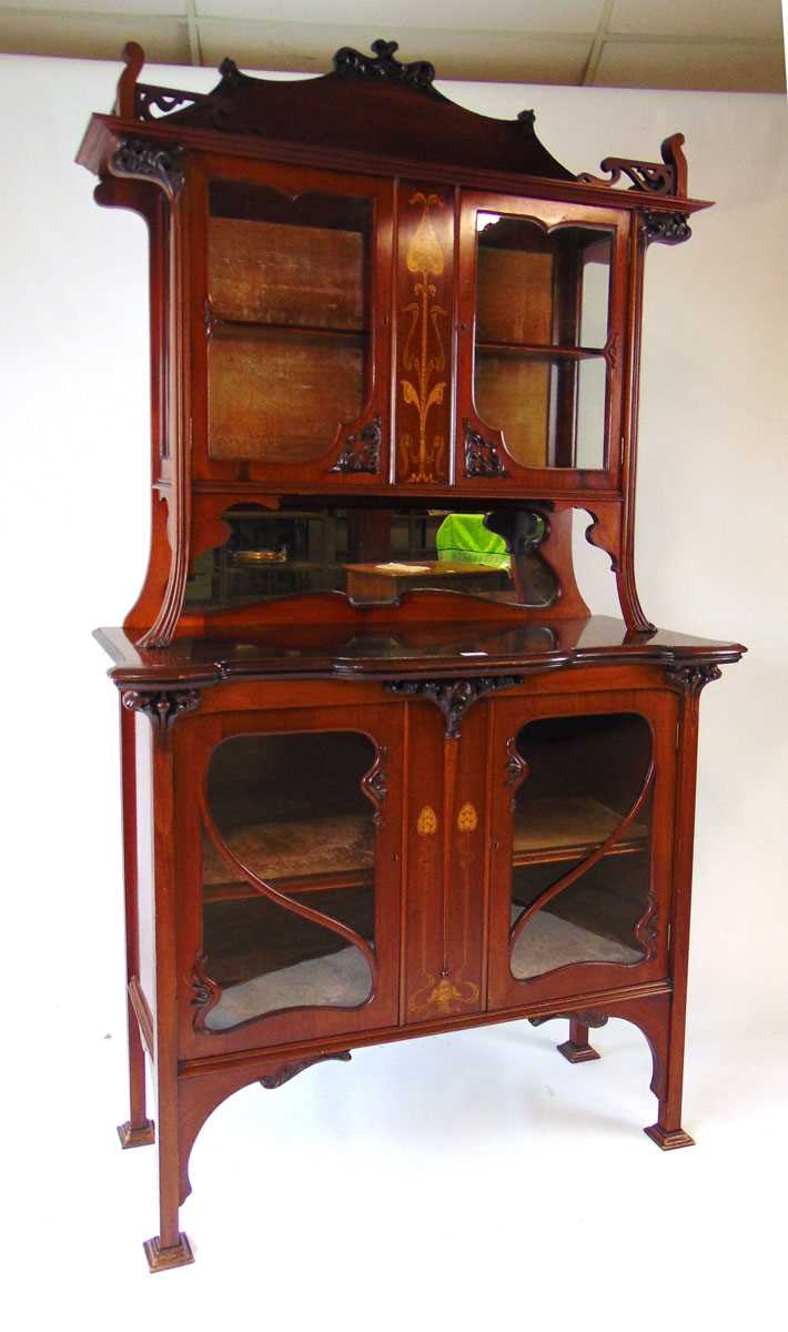 An Art Nouveau mahogany and inlaid display cabinet, the shaped glazed doors flanked by sinuous, - Image 4 of 5