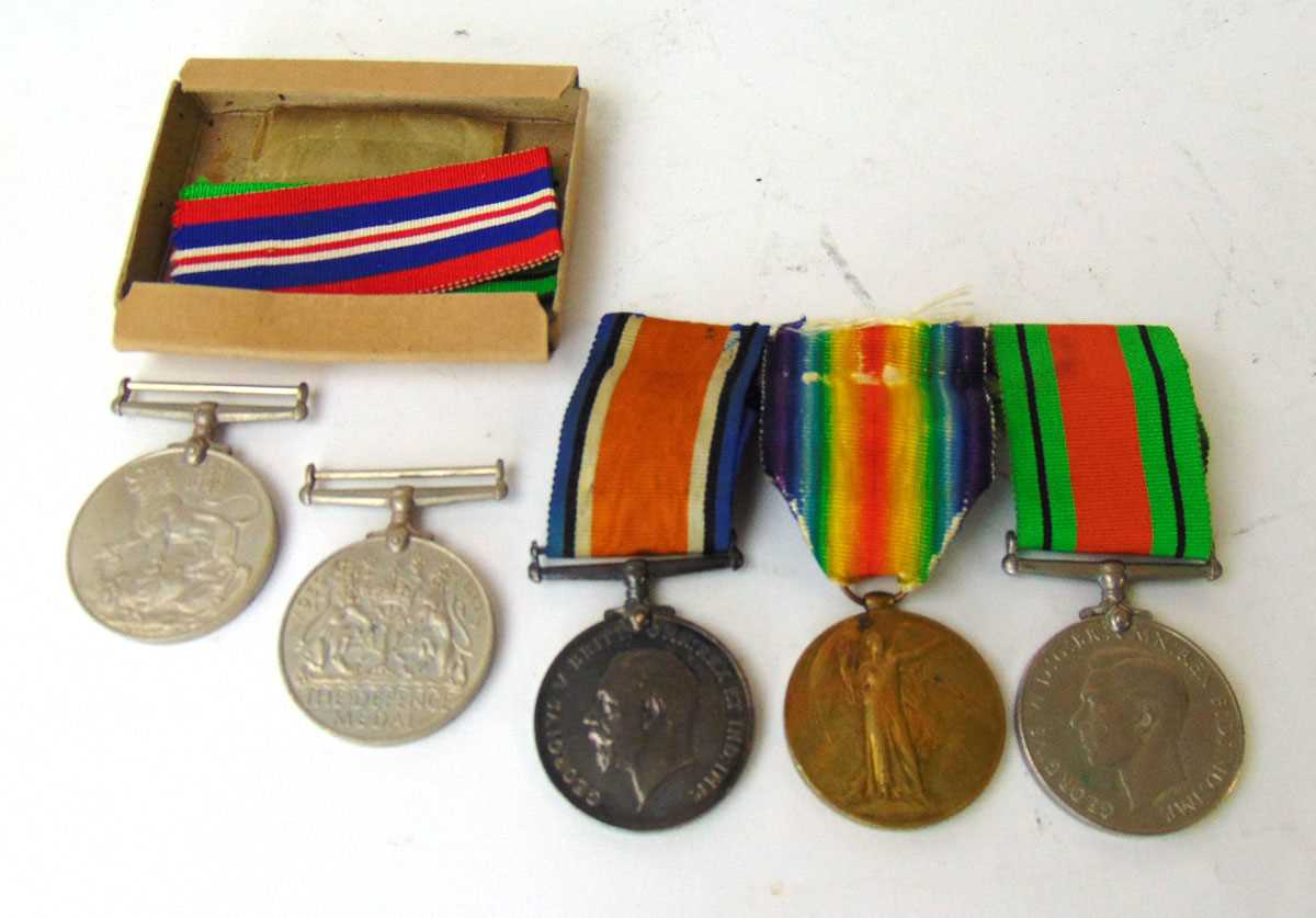 Two first world war medals, awarded to 242268 Pte, W H Field, R WAR R, with ribbons; two WWII