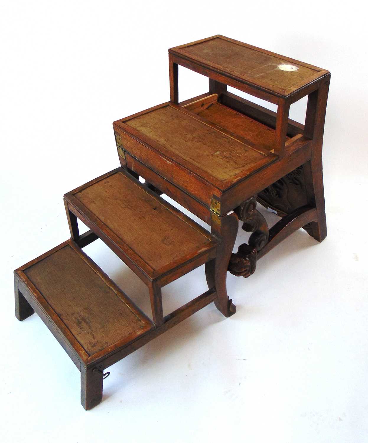 A late 19th century oak metamorphic library chair, converting to four trapezoidal steps, the - Image 12 of 13