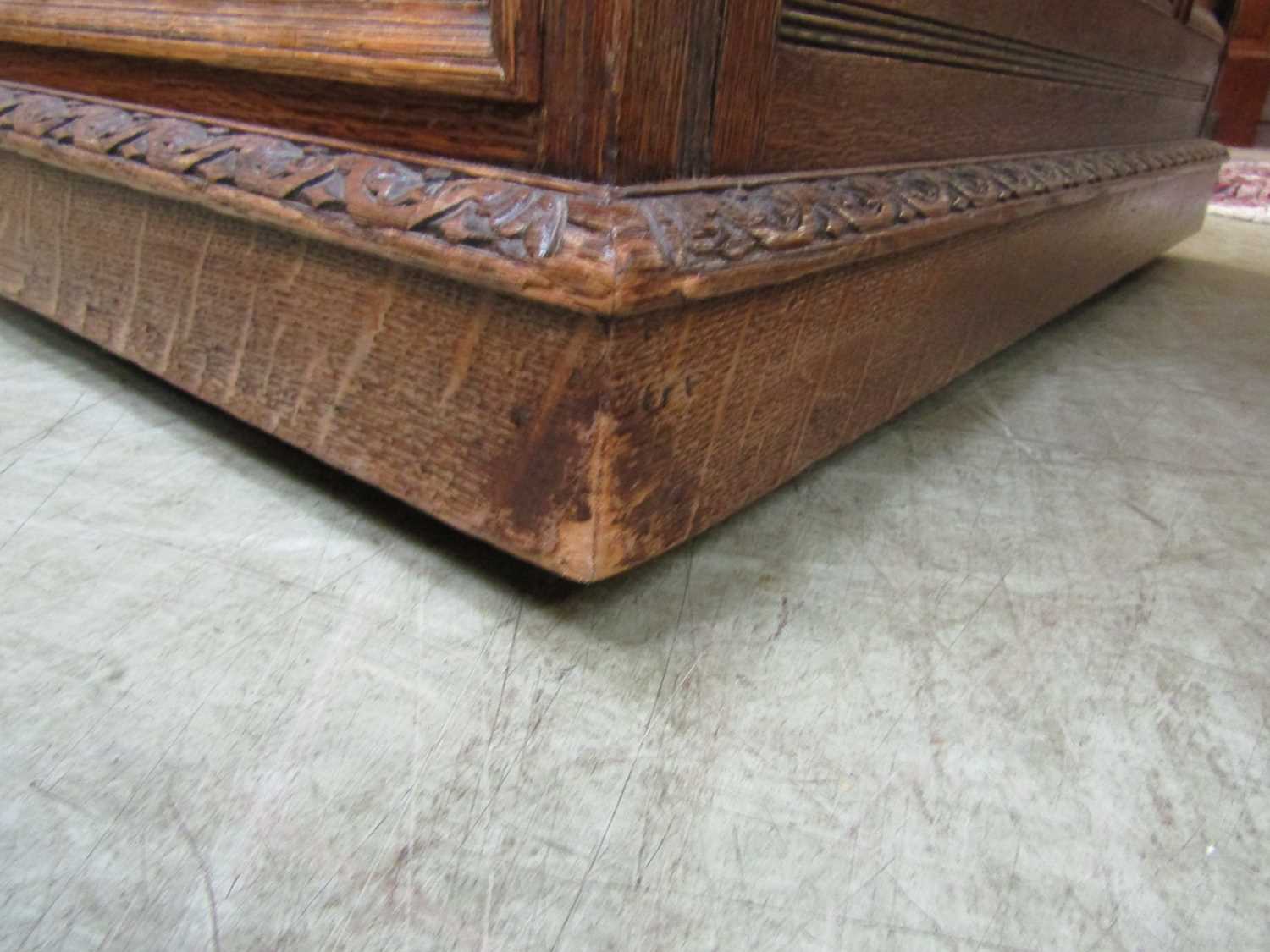 A late Victorian oak partners desk, with green tooled leather writing surface, above a series of - Image 14 of 15