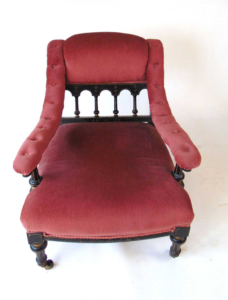 An Aesthetic period armchair, the part gallery back with turned spindles and shallow carved - Image 2 of 6