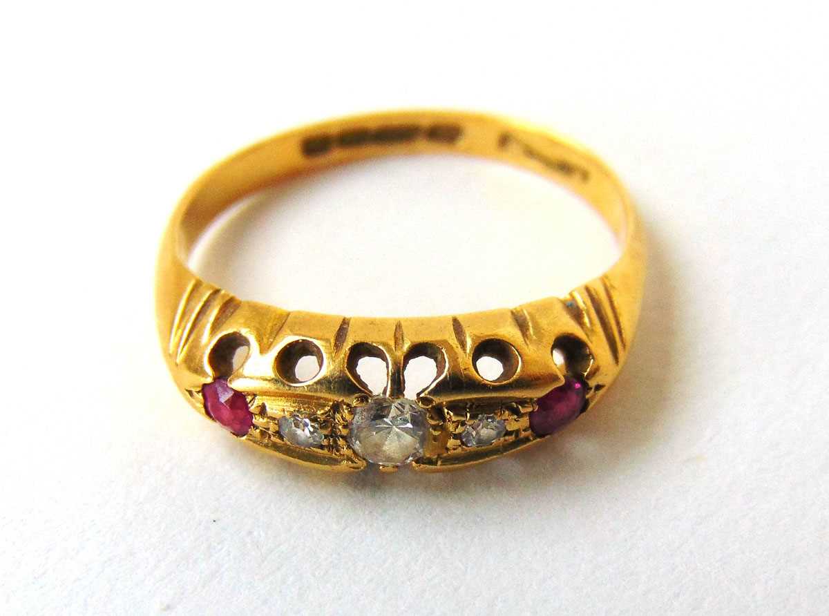 An early 20th century 18ct gold and ruby ring. Size K 1/2. Approx. weight 2.5g