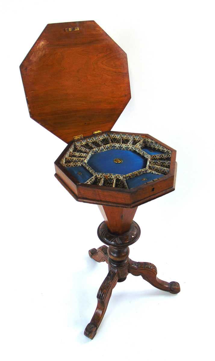 A Victorian trumpet form walnut veneered and inlaid sewing table, the octagonal top with checker - Image 4 of 4