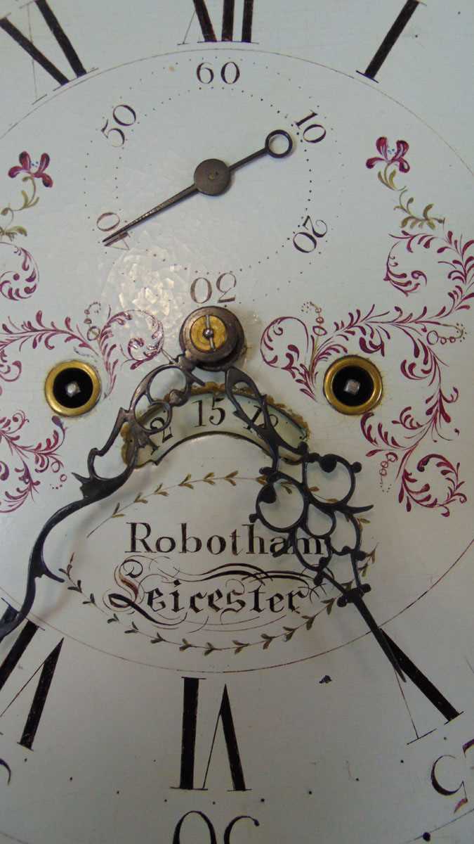 A late 18th century oak longcase clock, the painted arch dial inscribed for 'Robotham, Leicester', - Image 3 of 3