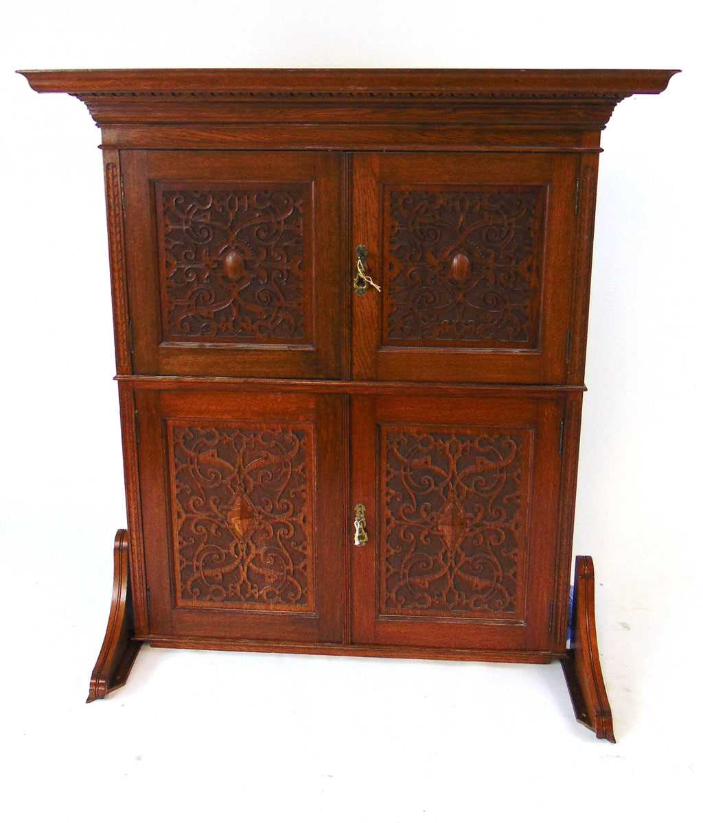 A late Victorian oak wall mounted cupboard, the pediment with carved egg & dart decoration above - Image 3 of 5