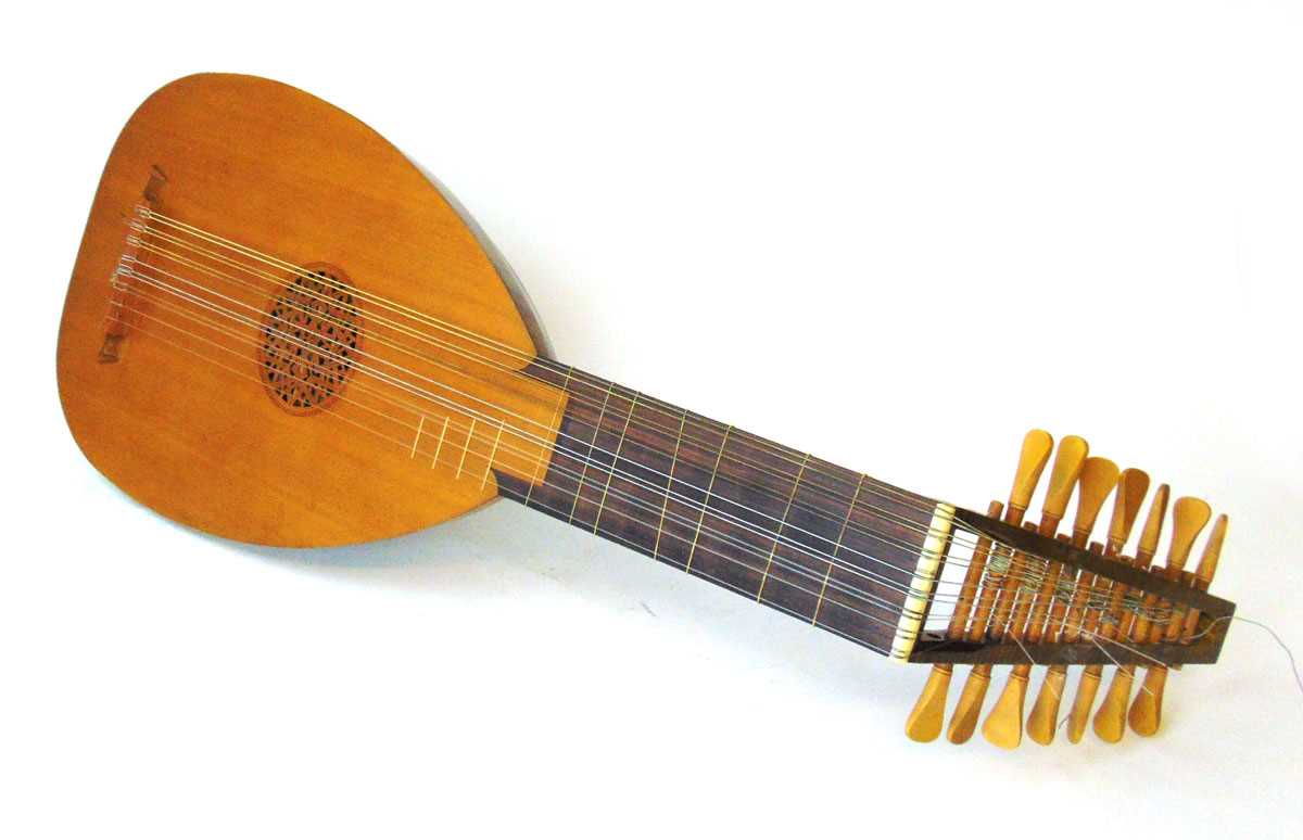 X English renaissance style 15 string lute, with ink inscribed makers label for Ian Harwood and John