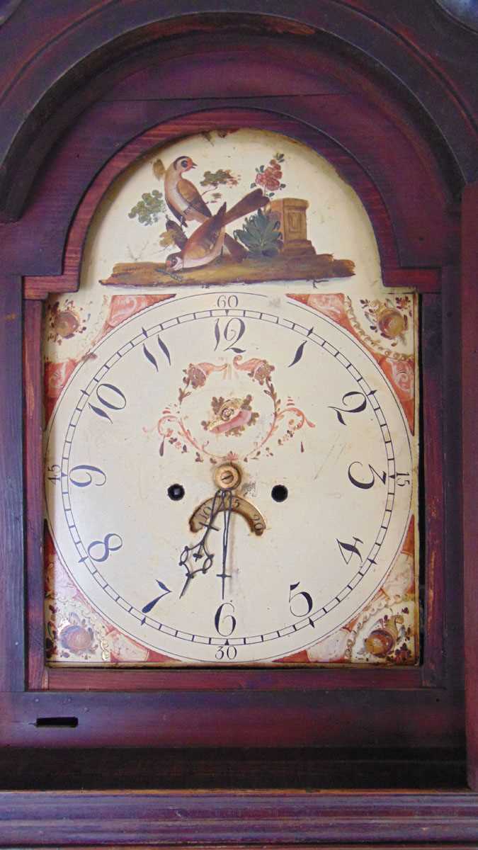 A late 18th century oak and mahogany longcase clock, the painted arch dial with calendar wheel and - Image 3 of 3