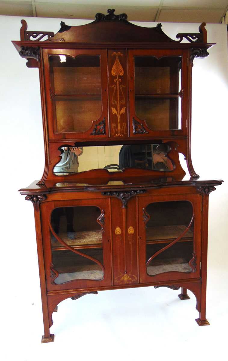 An Art Nouveau mahogany and inlaid display cabinet, the shaped glazed doors flanked by sinuous, - Image 3 of 5