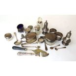 A collection of sterling silver, comprising part cruet sets, a 19th century butter knife, sugar