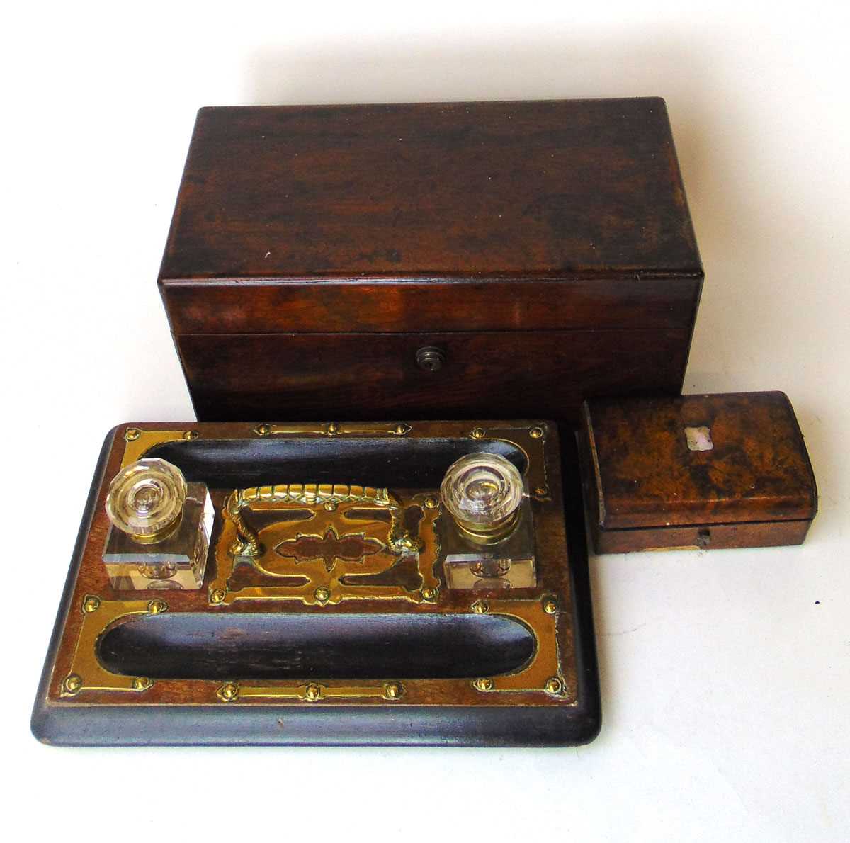 A Scotcher & Son music box, in walnut case, label to underside, a Victorian rosewood veneered tea - Image 3 of 3