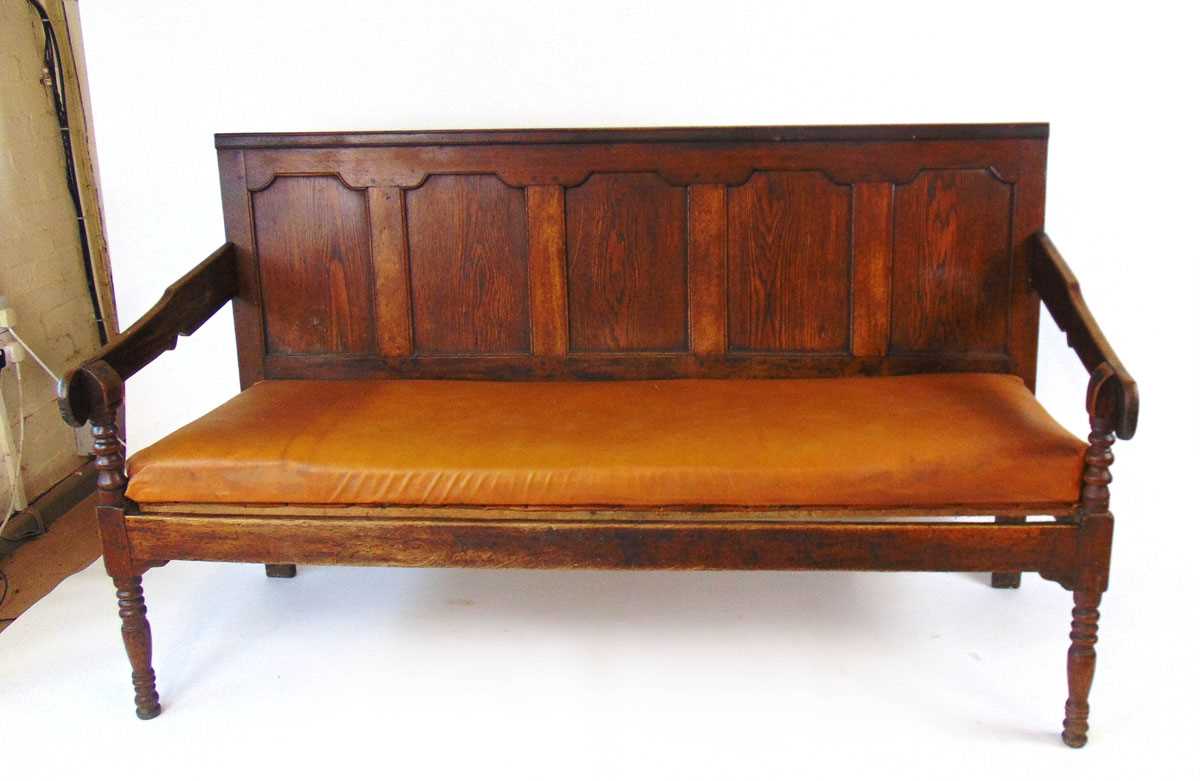 A George III oak settle, with five panel back, the shaped armrests on bobbin turned supports, with - Image 2 of 4