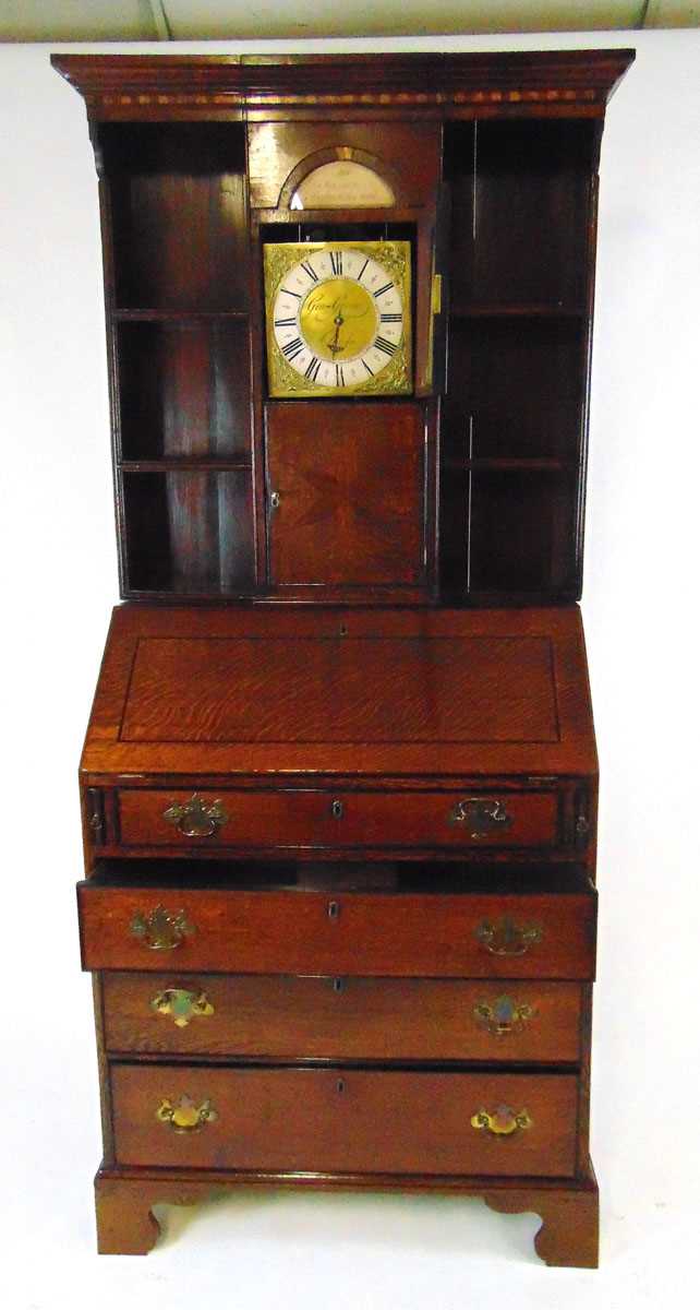 A George III oak bureau bookcase, the open bookcase top fitted with a 30 hour brass lantern clock, - Image 2 of 10