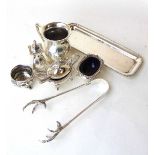 A matched silver cruet set with spoons, Albert Ernest Jones, Birmingham 1966 & 1972; a pair of