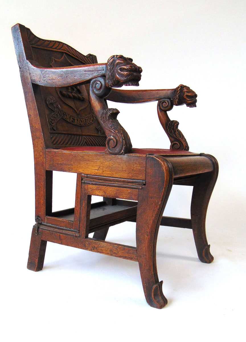 A late 19th century oak metamorphic library chair, converting to four trapezoidal steps, the - Image 4 of 13