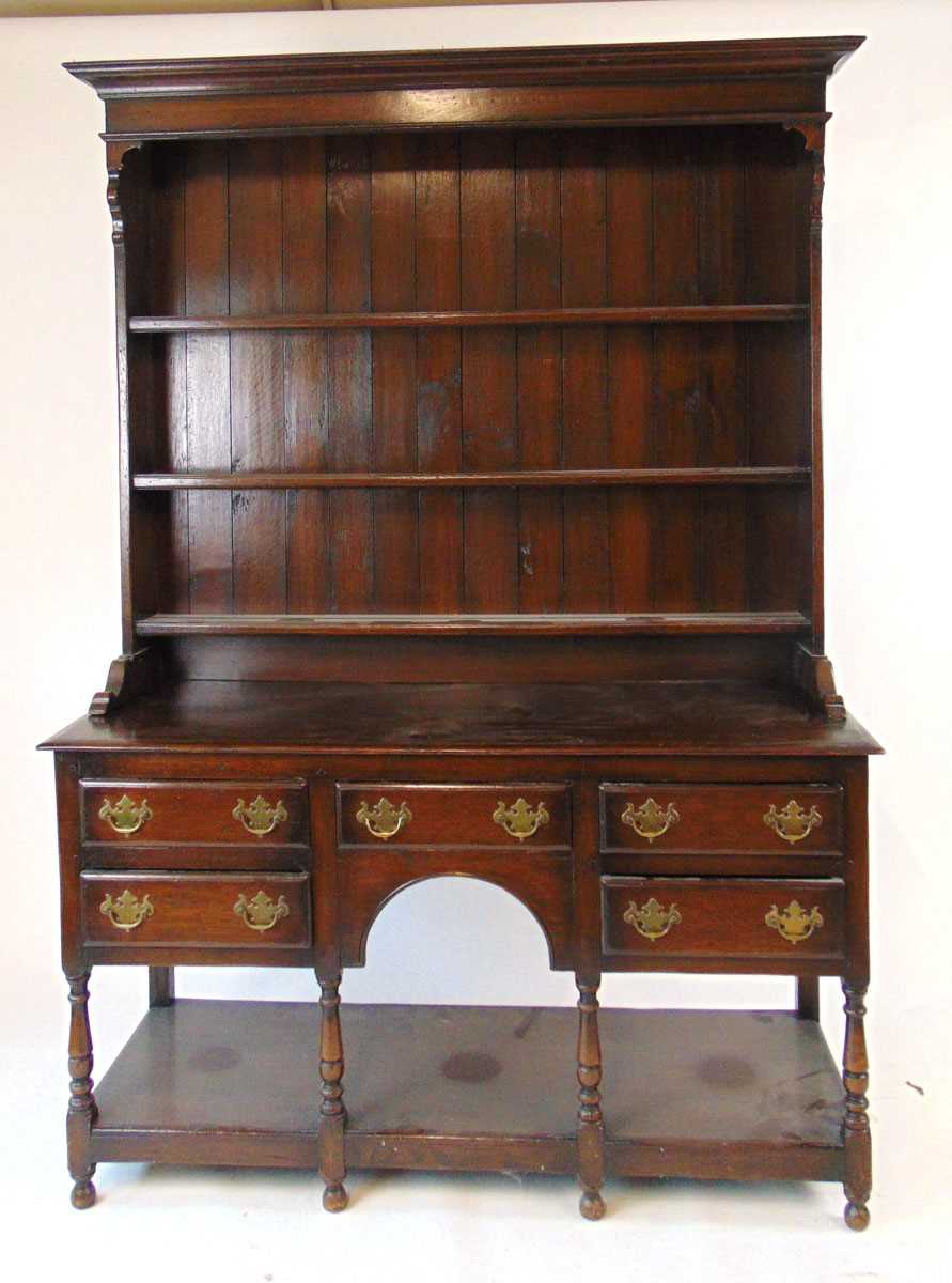 An early 20thn century reproduction oak Welsh dresser, the plate rack with boarded back, above the - Image 2 of 4