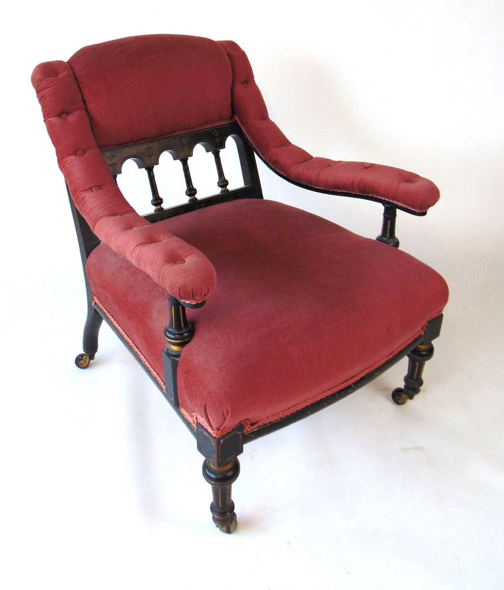 An Aesthetic period armchair, the part gallery back with turned spindles and shallow carved - Image 5 of 6