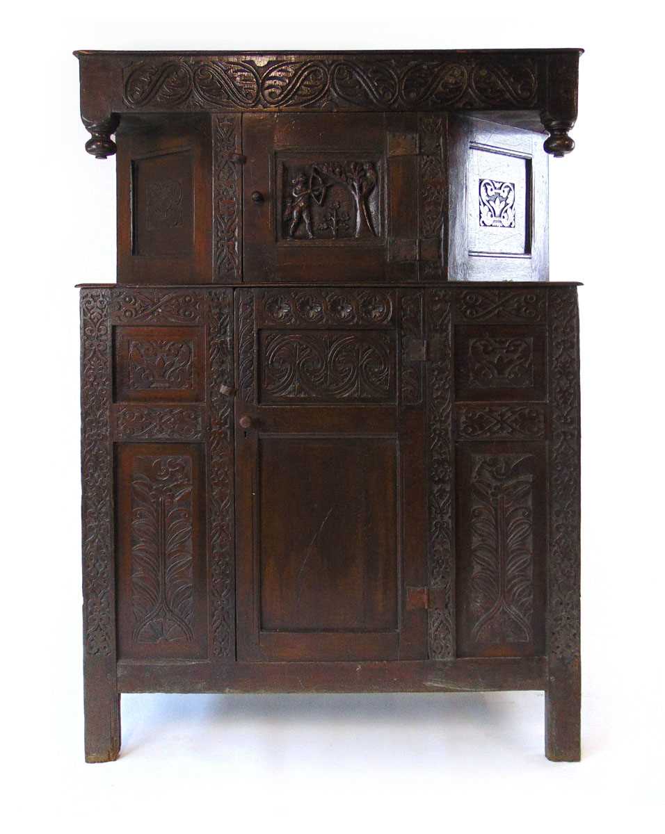 A 17th/18th century oak court cupboard, with stylised carved leaf frieze flanked by turned pendants, - Image 5 of 5