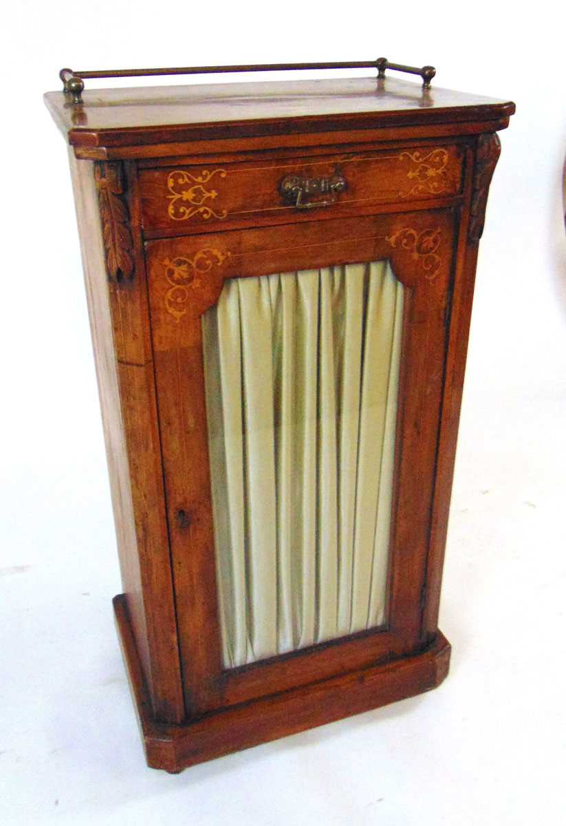 A Victorian inlaid walnut music cabinet, with brass rod gallery, above a single drawer and glazed - Image 3 of 3