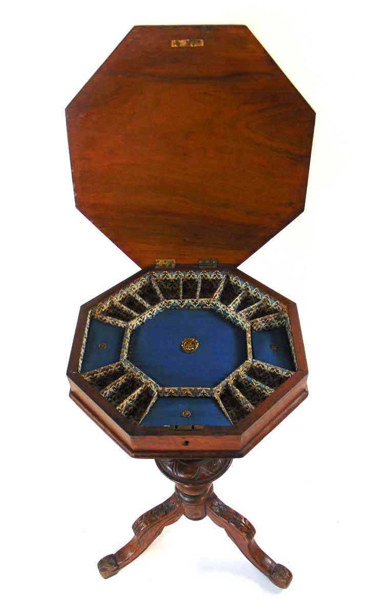 A Victorian trumpet form walnut veneered and inlaid sewing table, the octagonal top with checker - Image 3 of 4