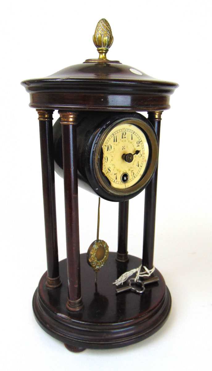 An early 20th century portico clock, with German movement, the dark stained body with brass acorn - Image 2 of 2