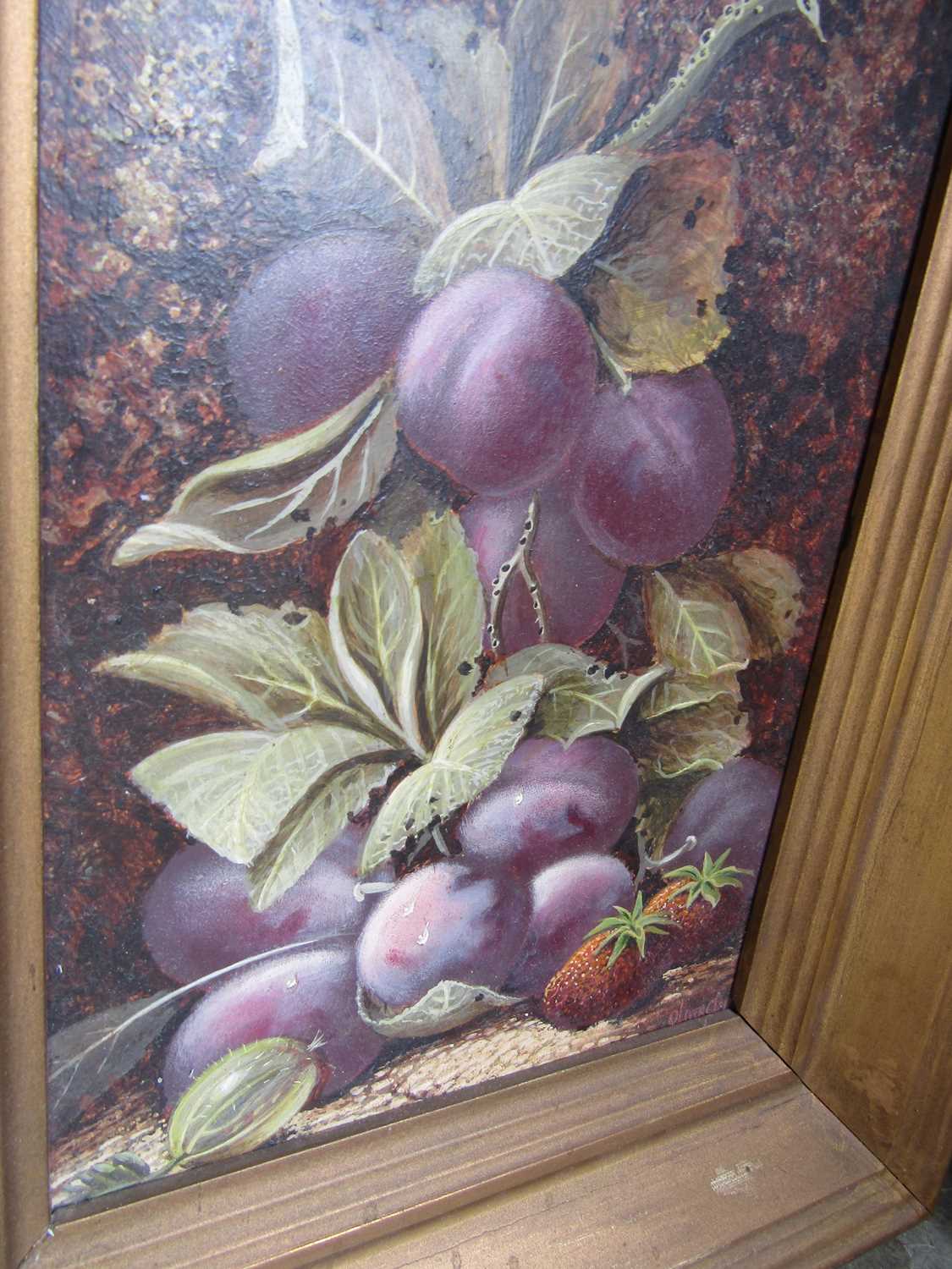 Oliver Clare (1853 - 1927), still life, plums, gooseberry and strawberries, signed, oil on board, - Image 2 of 4