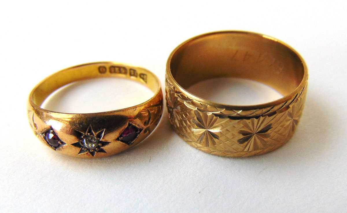 An early 20th century 15ct gold, diamond and ruby gypsy ring together with a 9ct gold engraved band. - Image 2 of 2