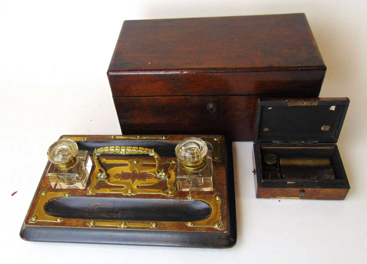 A Scotcher & Son music box, in walnut case, label to underside, a Victorian rosewood veneered tea - Image 2 of 3