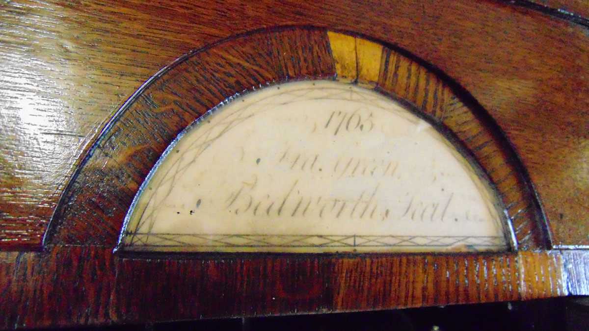 A George III oak bureau bookcase, the open bookcase top fitted with a 30 hour brass lantern clock, - Image 4 of 10