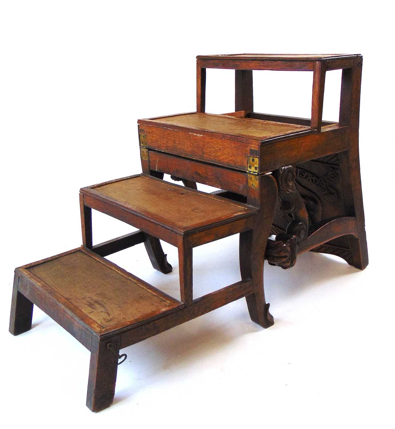 A late 19th century oak metamorphic library chair, converting to four trapezoidal steps, the - Image 13 of 13