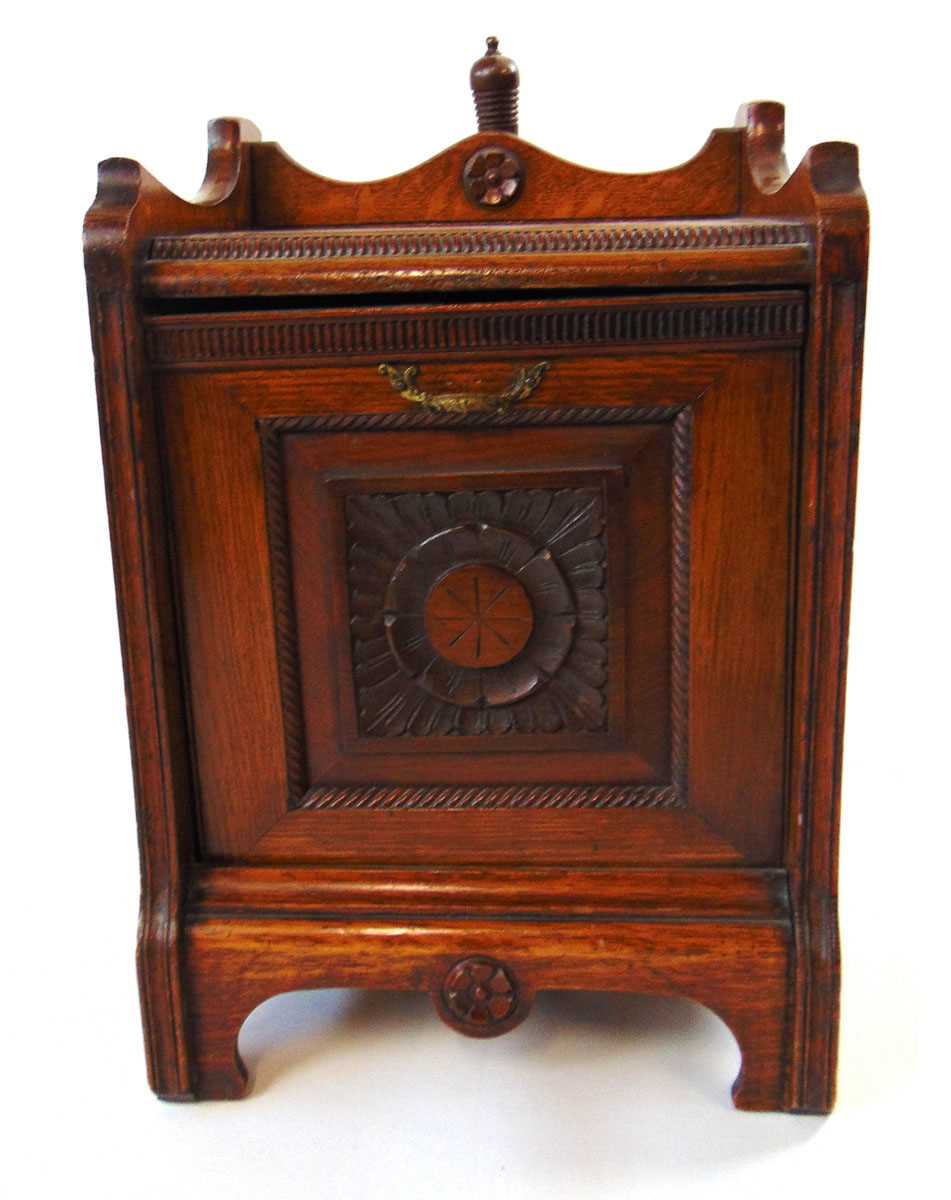 A Victorian Aesthetic period carved oak purdonium, with cast brass handles, 35cm wide, 50.5cm high - Image 2 of 5