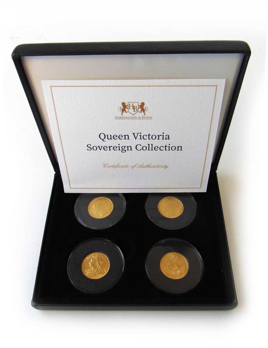 A Harrington & Byrne Queen Victoria Sovereign Collection containing four full sovereigns dated 1855,