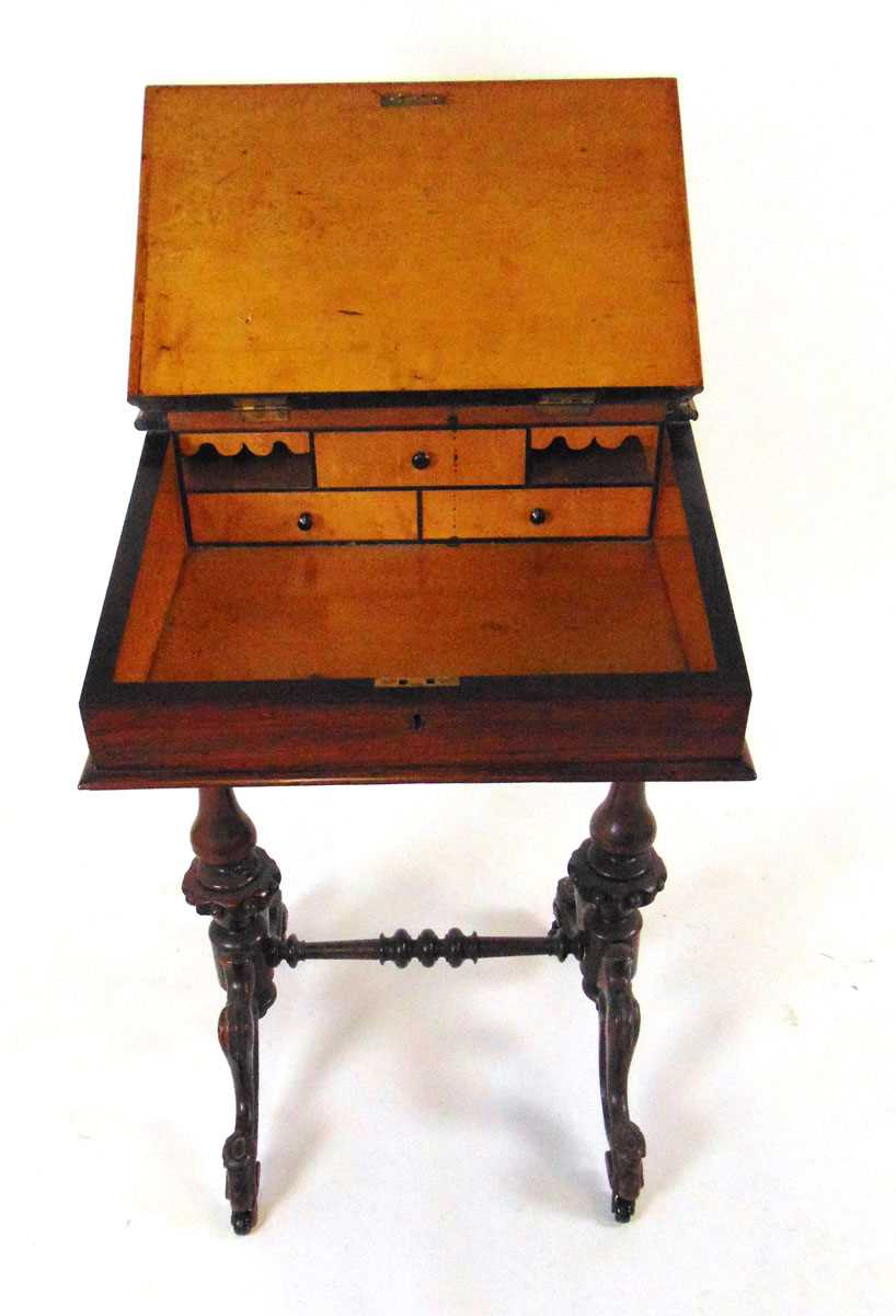 A Victorian rosewood Davenport, with fretwork gallery above a tooled red leather writing surface, - Image 5 of 7