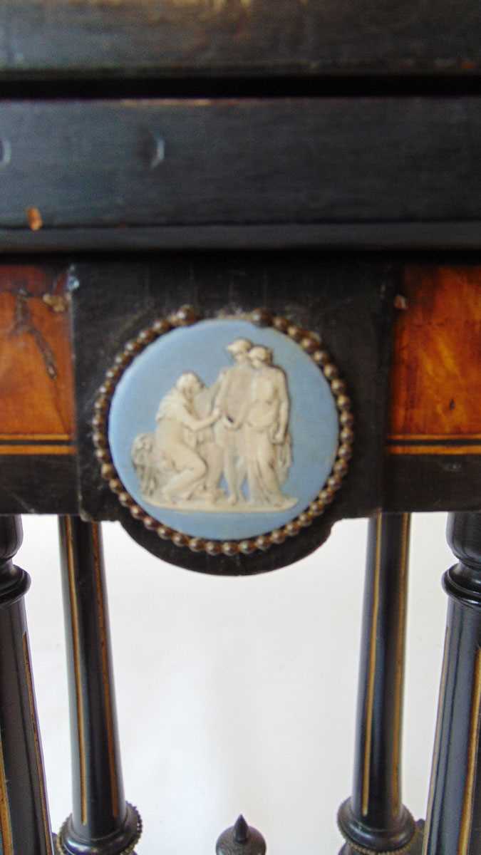 An Aesthetic period ebony and amboyna veneered card table, the top with shallow carved bellflower - Image 3 of 7